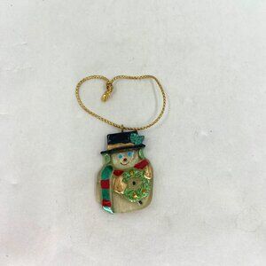 Vintage Glass Snowman Christmas Ornament Holding Wreath Red and Green Scarf